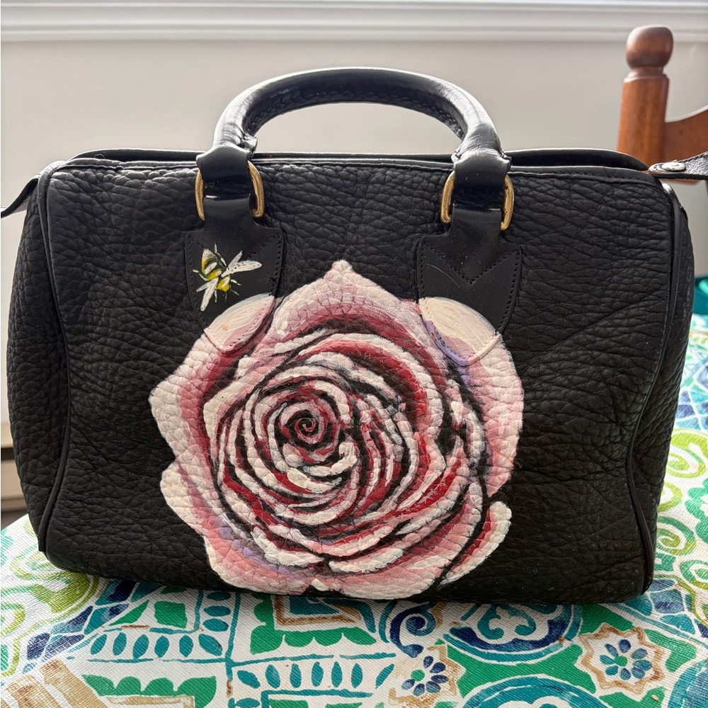 Dooney & Bourke Black Leather Satchel with Hand-Painted Pink Rose